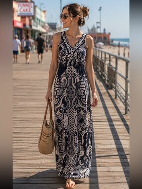 Style & Co. Black & White  Printed V-Neck Maxi Dress
